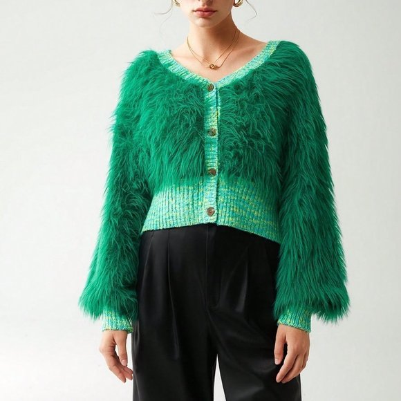 Green Casual Womens Solid Fuzzy Cardigan - Picture 3 of 5
